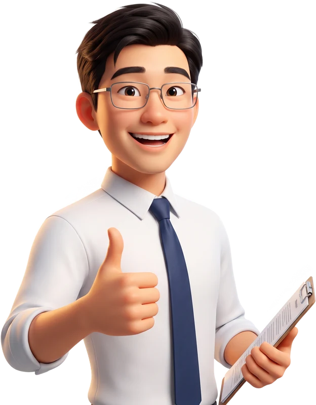 Albert, the Manuloanian’s right hand, illustrated as a cheerful young man in a shirt and tie giving a thumbs-up