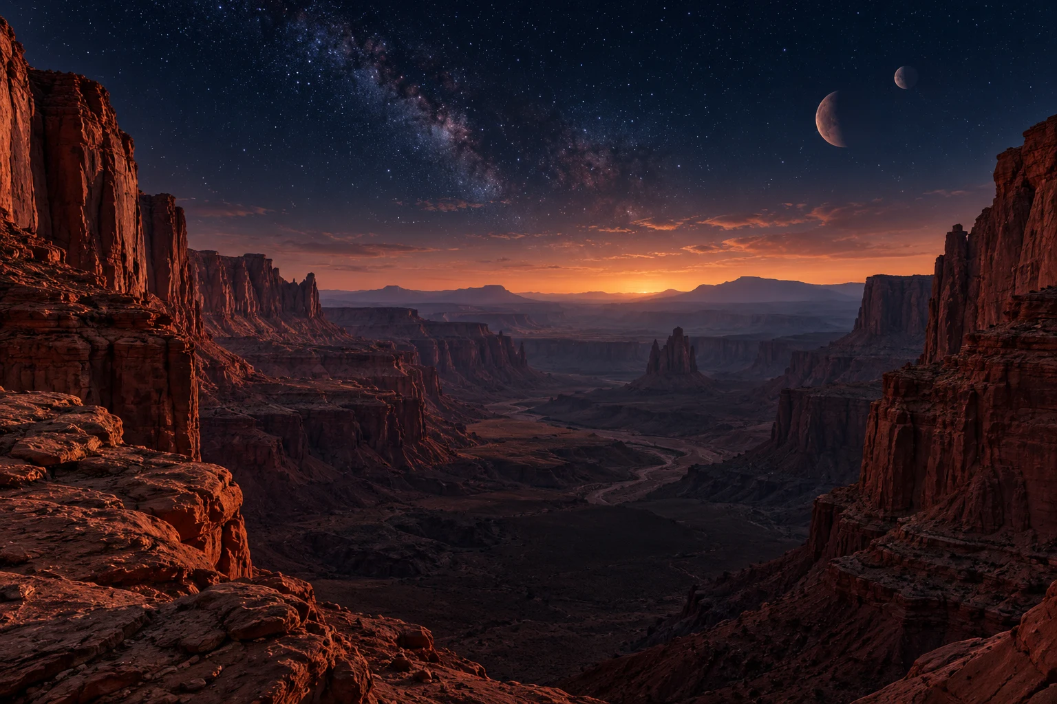 Red canyon landscape under an alien night sky