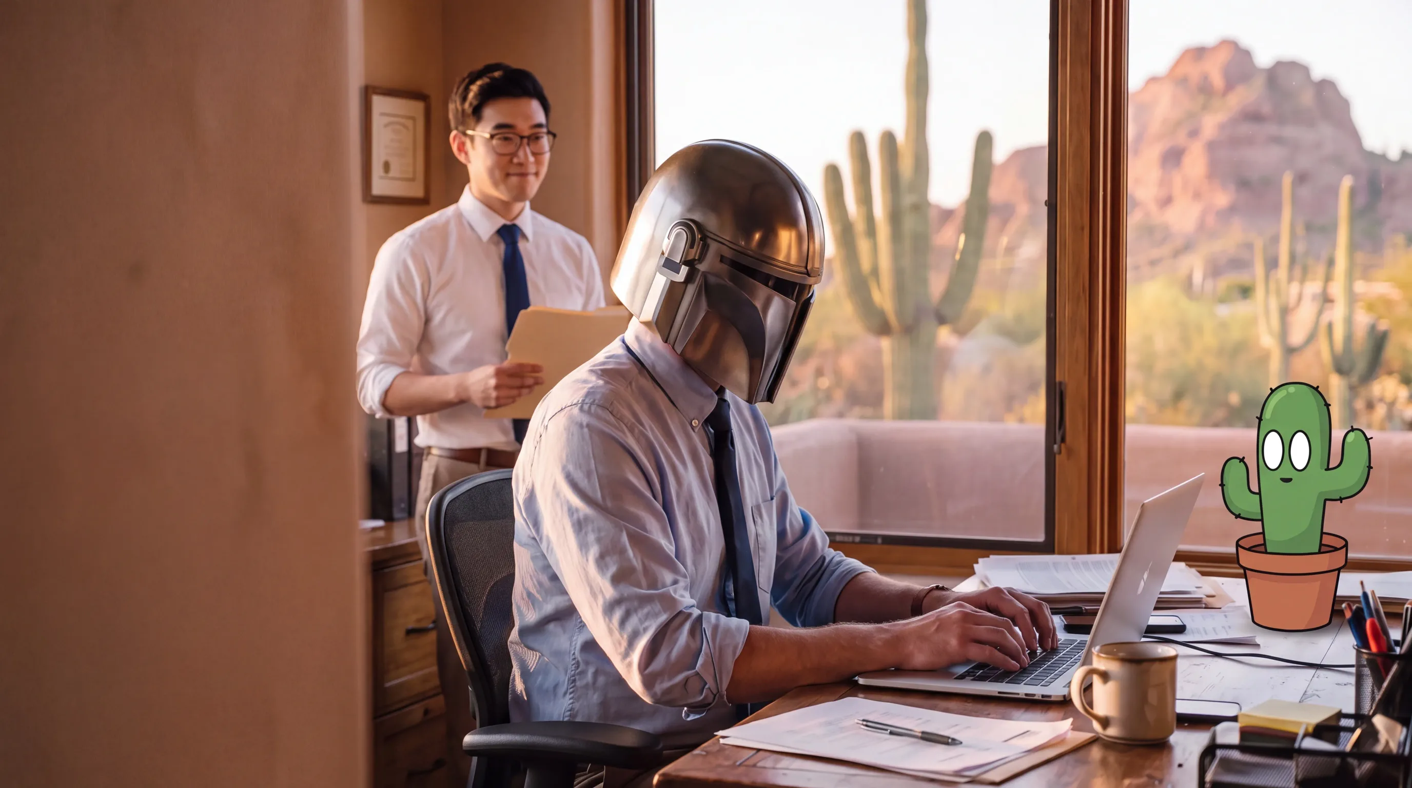The Manuloanian, a mortgage guide in a helmet and business shirt, at his desk in an Arizona home office with Albert in the background and a small cartoon cactus that watches you